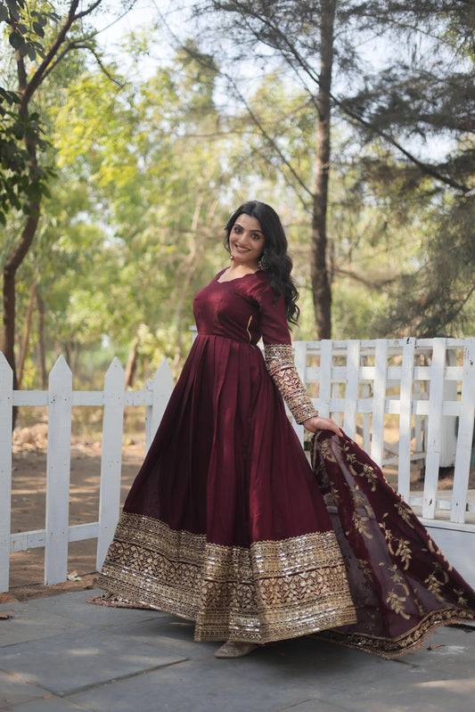 Dark Maroon Vichitra Shimmer Gown and Dupatta Set with Sequins Work | Womenoutfitstudio