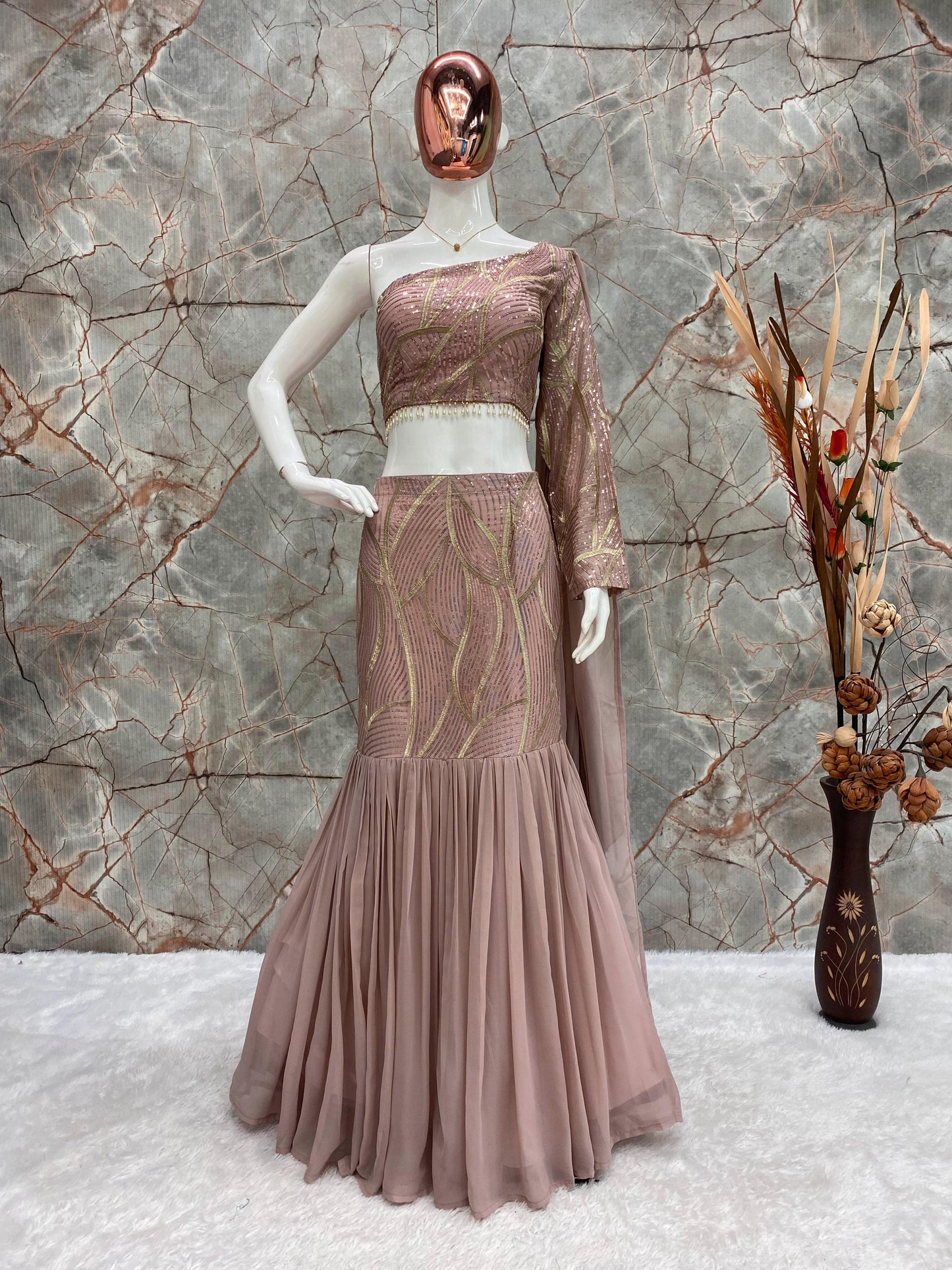 Elegant Faux Georgette Lehenga with Sequence Work & Ruffle Details – Perfect Party Wear | Womenoutfitstudio