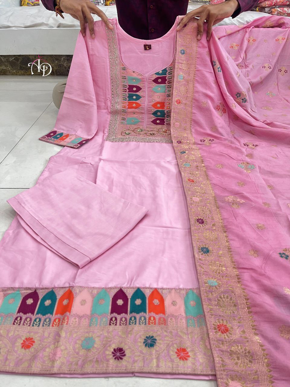 Luxurious pastel pink and white fully stitched suit set with exquisite jacquard weaving & showroom-quality finish | Womenoutfitstudio