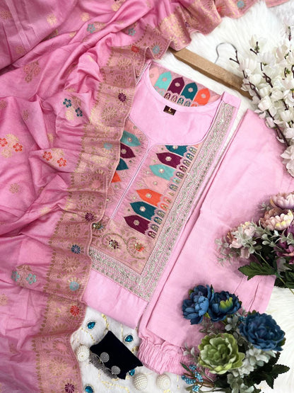 Luxurious pastel pink and white fully stitched suit set with exquisite jacquard weaving & showroom-quality finish | Womenoutfitstudio