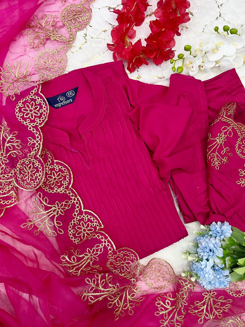 New Arrival: Pure Cotton Kurta-Pant Set with Embroidered Organza Dupatta | Womenoutfitstudio