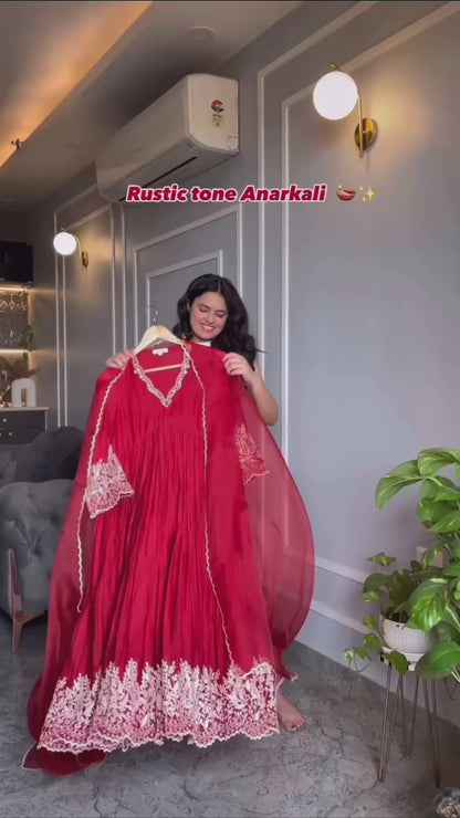 Red Ivory Anarkali Suit with Exquisite Embroidery | Womenoutfitstudio